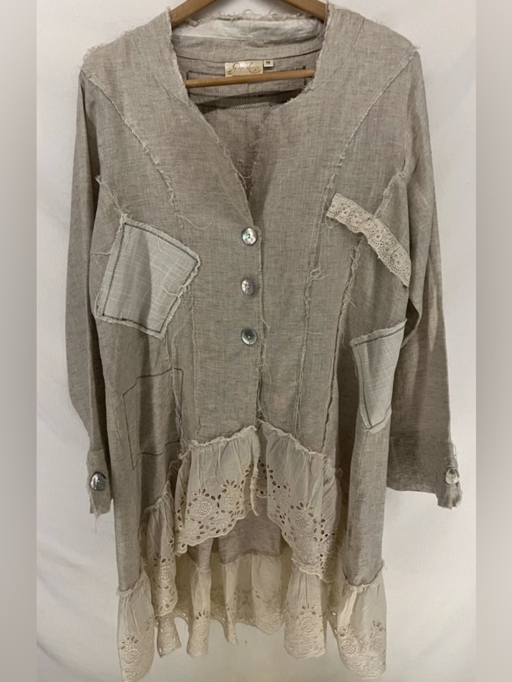 Paper Lace Women’s 100% Linen Beige Bohemian Lagenlook Button Up Jacket Size M